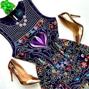 Anthropologie Maeve Kira Embroidered Tunic Navy Shift Mini Dress Size 10